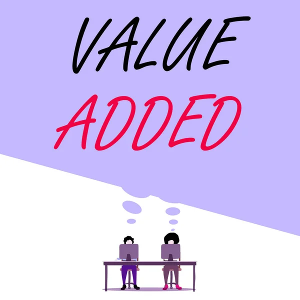 Text sign showing Value Added. Conceptual photo the extra value created over and above the original value Man with purple trousers sit on chair talk to fellow near computer table.