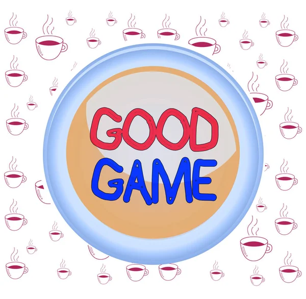 Writing note showing Good Game. Business photo showcasing term frequently used in multiplayer gaming at the end of a match Colored sphere switch center background middle round shaped.