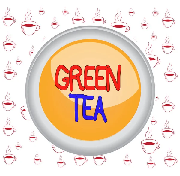 Piszę notatkę z Green Tea. Biznes zdjęcie showcasing rodzaj herbaty, która jest wykonana z Camellia sinensis liści i pąki Kolorowe kula przełącznik centrum tło środkowy okrągły kształt. — Zdjęcie stockowe