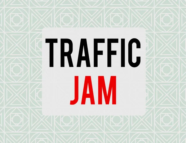 Writing note showing Traffic Jam. Business photo showcasing a large number of vehicles close together and unable to move Endless Geometric Outline Tiles Pattern in Line against Blue Background.