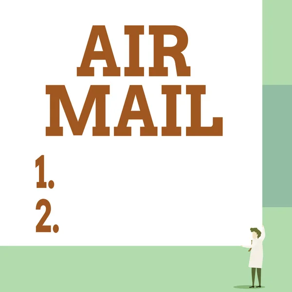 Textskylt med Air Mail. Konceptuellt foto påsar med bokstäver och paket som transporteras med flygplan Front view ung kvinna med två händer höger hörn stor tom rektangel. — Stockfoto