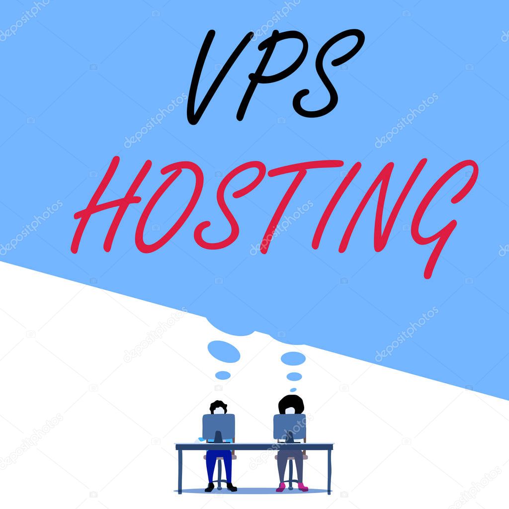 Text sign showing Vps Hosting. Conceptual photo mimics a dedicated server within a shared hosting environment Man with purple trousers sit on chair talk to fellow near computer table.