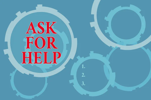 Text sign showing Ask For Help. Conceptual photo Request to support assistance needed Professional advice Abstract Texture background with gears plain color behind. Gradient Pattern.