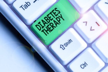 Writing note showing Diabetes Therapy. Business photo showcasing aim to achieve lower average blood glucose results.