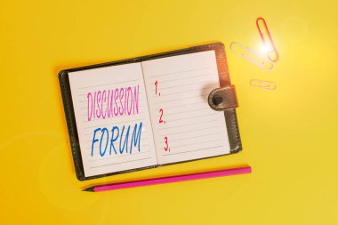 Conceptual hand writing showing Discussion Forum. Business photo text section of a website that is used for public discussion Dark leather locked diary striped sheets marker colored background. clipart