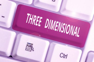 Kelime yazma metni Üç Boyut. Derinliği olan ve uzayda dönebilen şeyler için iş konsepti.