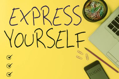 Text sign showing Express Yourself. Conceptual photo to communicate or reveal one s is thoughts or feelings Slim trendy laptop pencil smartphone clips container colored background.