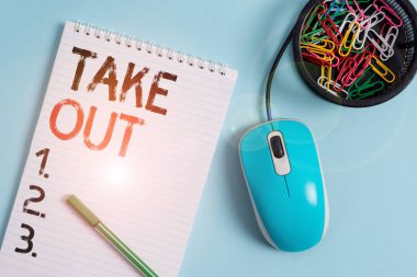 Text sign showing Take Out. Conceptual photo the act of taking out food food from the restaurant to eat outside Notebook and writing equipment with computer mouse above pastel backdrop.