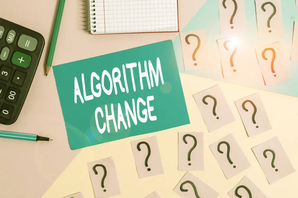 Word writing text Algorithm Change. Business concept for change in procedure designed to perform an operation Mathematics stuff and writing equipment above pastel colours background. — Stok fotoğraf