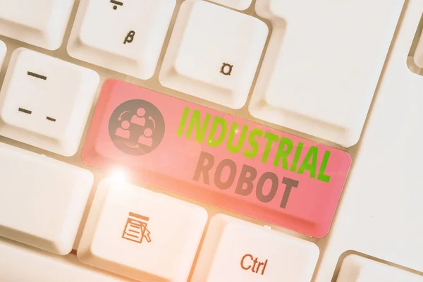 Tekstbord met industriële robot. Conceptueel fotorobotisch mechanisme dat wordt gebruikt bij de vervaardiging van producten. — Stockfoto