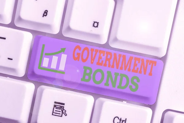 Word writing text Government Bonds. Business concept for debt security issued by a government to support spending.