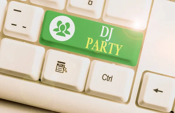 Conceptual hand writing showing Dj Party. Business photo text demonstrating who introduces and plays recorded popular music on radio. — Stock Photo, Image