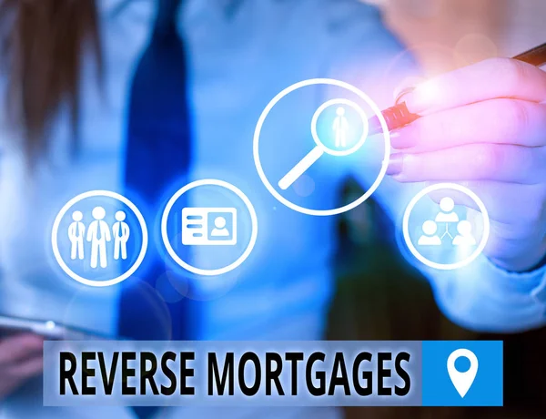 Text sign showing Reverse Mortgages. Conceptual photo borrower to access the unencumbered value of the property.