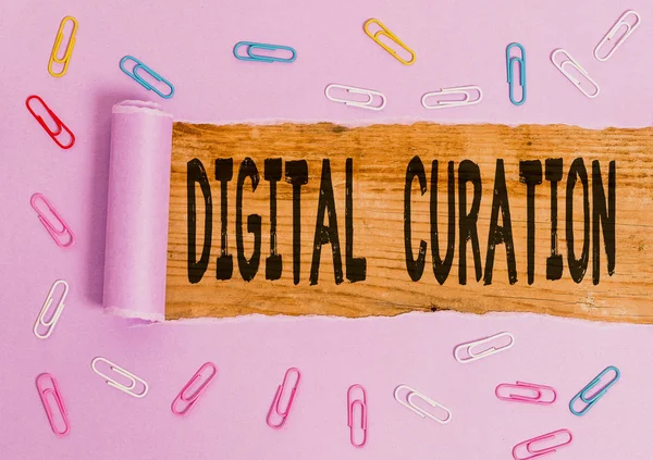 Conceptual hand writing showing Digital Curation. Business photo showcasing maintenance collection and archiving of digital assets Paper clip and torn cardboard on wood classic table backdrop.