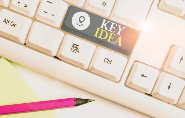 Word writing text Key Idea. Business concept for Exceptional or vital thought or suggestion Without comparison White pc keyboard with empty note paper above white background key copy space. — Stok fotoğraf