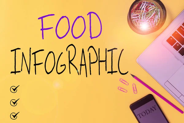Πινακίδα κειμένου που δείχνει πληροφορίες τροφίμων. Εννοιολογική φωτογραφία οπτική εικόνα, όπως το διάγραμμα που χρησιμοποιείται για να αντιπροσωπεύσει πληροφορίες Slim μοντέρνο φορητό υπολογιστή μολύβι κλιπ smartphone δοχείο έγχρωμο φόντο. — Φωτογραφία Αρχείου