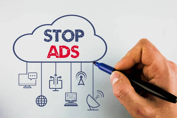 Szövegírási szöveg Stop Ads. Üzleti koncepció a program, amely eltávolítja a különböző típusú reklámok Web. — Stock Fotó