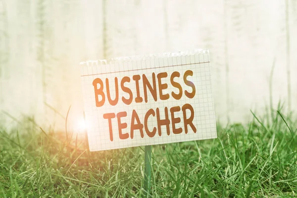 Conceptual hand writing showing Business Teacher. Business photo text Educators that train students about business concepts Mathematic paper attached to a stick and placed in the grassy land. — Stok fotoğraf