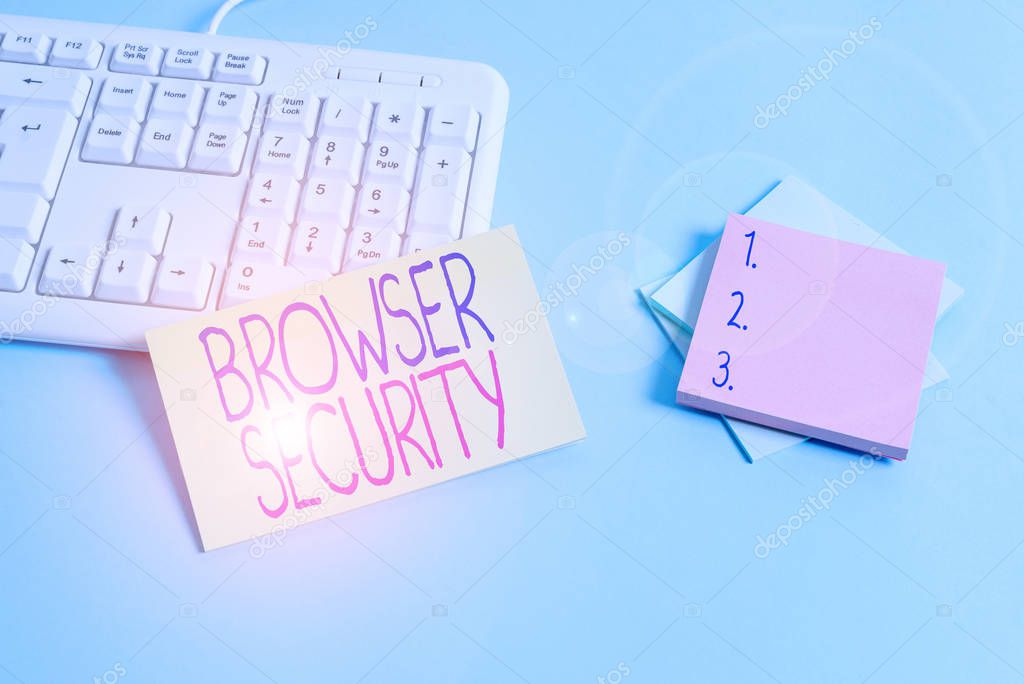 Text sign showing Browser Security. Conceptual photo security to web browsers in order to protect networked data Paper blue desk computer keyboard office study notebook chart numbers memo.