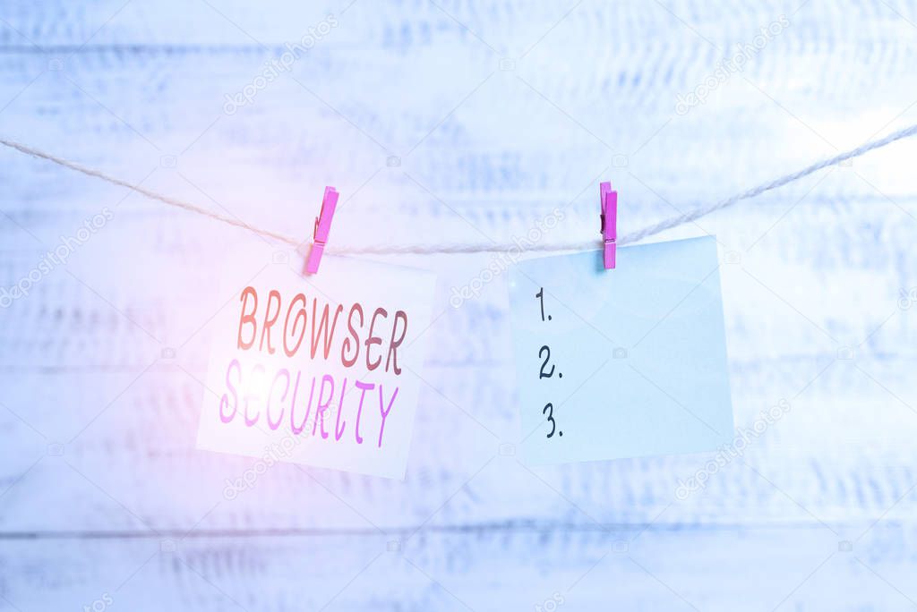Text sign showing Browser Security. Conceptual photo security to web browsers in order to protect networked data Clothesline clothespin rectangle shaped paper reminder white wood desk.