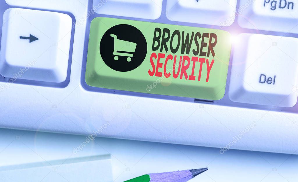 Conceptual hand writing showing Browser Security. Business photo showcasing security to web browsers in order to protect networked data.