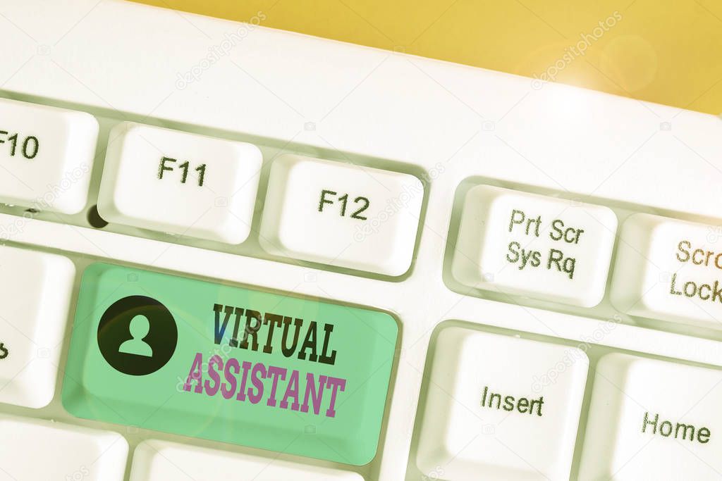 Writing note showing Virtual Assistant. Business photo showcasing demonstrating who provides various services to entrepreneurs.