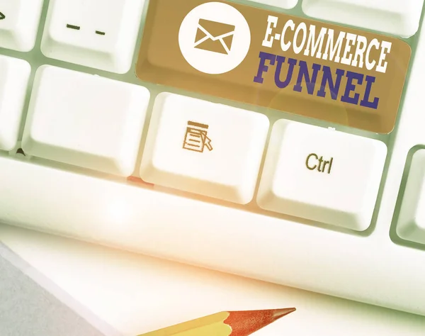 E-Commerce Funnel diye bir mesaj. Çevrimiçi varlıkların kullanılabilirliğini optimize etmek için kullanılan bir araç için iş kavramı. — Stok fotoğraf