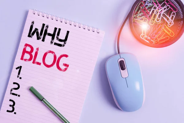 Text sign showing Why Blog. Conceptual photo reason why regularly records their thoughts or experiences Notebook and writing equipment with computer mouse above pastel backdrop.