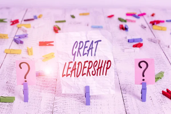 Handwriting text Great Leadership. Concept meaning motivating showing to act towards achieving a common goal Scribbled and crumbling sheet with paper clips placed on the wooden table.