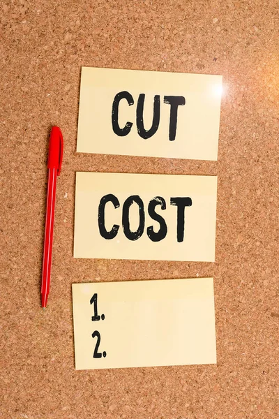 Conceptual hand writing showing Cut Cost. Business photo showcasing Measures implemented to reduced expenses and improved profit Empty sticker reminder memo billboard corkboard desk paper.