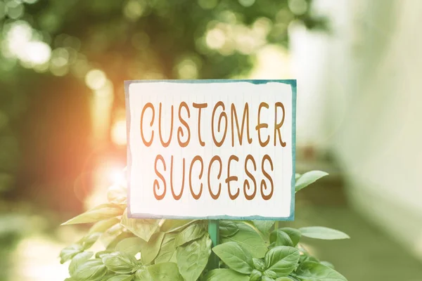 Writing note showing Customer Success. Business photo showcasing customers achieve desired outcomes while using your product Plain paper attached to stick and placed in the grassy land.