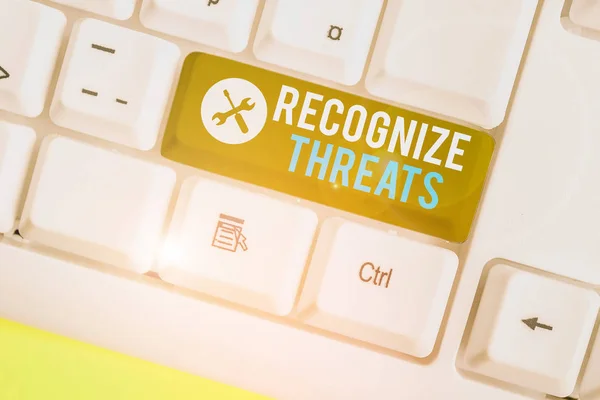 Writing note showing Recognize Threats. Business photo showcasing potential to cause serious harm to a computer system.