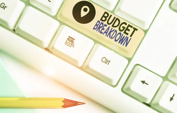 Text sign showing Budget Breakdown. Conceptual photo dividing the cost of something into the different parts. — Stock Photo, Image