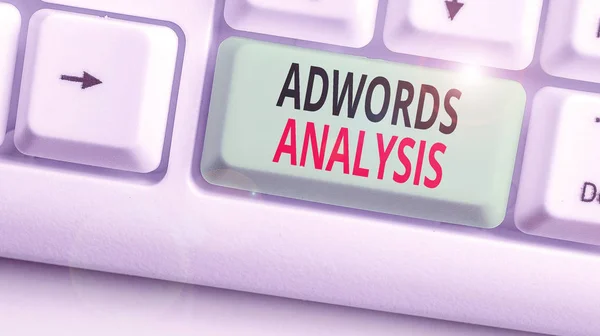 Writing note showing Adwords Analysis. Business photo showcasing monitor campaigns and ensuring investment returns in ads.