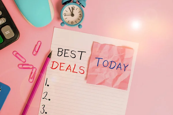 Text sign showing Best Deals. Conceptual photo very successful transaction or business agreement or a bargain Calculator clips clock clipboard mouse sheet note pencil color background. — Stock Photo, Image