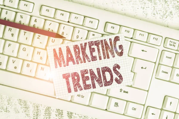 Word writing text Marketing Trends. Business concept for changes and developments in trading in the market White keyboard office supplies empty rectangle shaped paper reminder wood.