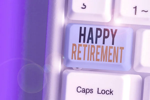 Text sign showing Happy Retirement. Conceptual photo having a dependable monthly pension check Living the job. — Stock Photo, Image