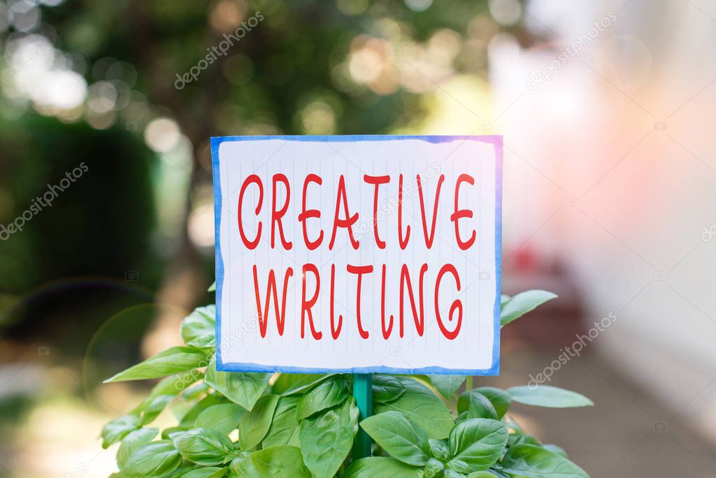 Writing note showing Creative Writing. Business photo showcasing fiction or poetry which displays imagination or invention Plain paper attached to stick and placed in the grassy land.