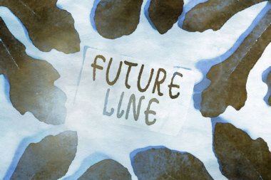 Futuro Çizgisi 'ni gösteren kavramsal el yazısı. İleride ödenmesi gereken bir iş fotoğrafı sergisi. Boş yumuşak pastel masanın üzerinde bırakılan not defterleri..