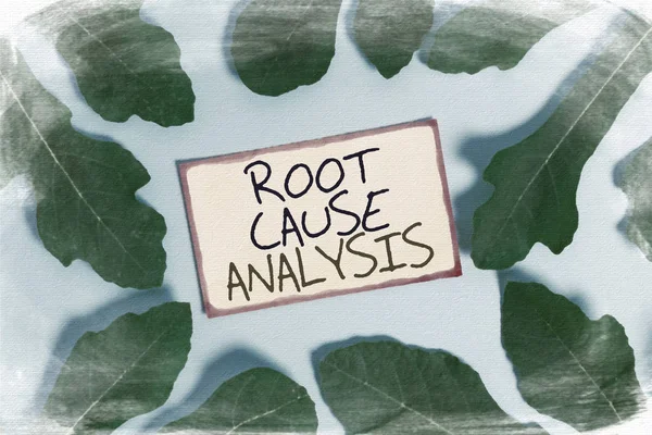 Text sign showing Root Cause Analysis. Conceptual photo Method of Problem Solving Identify Fault or Problem Leaves surrounding notepaper above an empty soft pastel table as background.