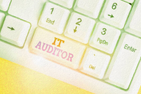 Conceptual hand writing showing It Auditor. Business photo text demonstrating authorized to review and verify the accuracy of the system White pc keyboard with note paper above the white background.