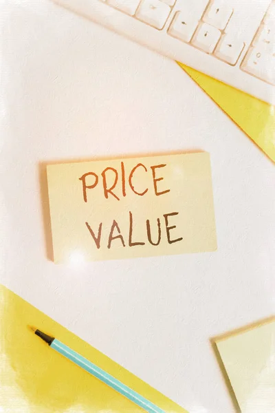 Text sign showing Price Value. Conceptual photo the price of a product based on what customers think or valued Flat lay above table with pc keyboard and copy space paper for text messages. — Stock Photo, Image