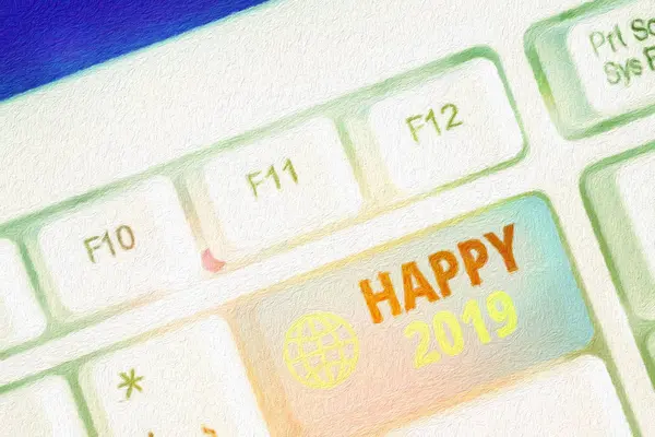 Texto de escritura de palabras Feliz 2019. Concepto de negocio para sentir que muestra o causa placer o satisfacción para 2019 . — Foto de Stock