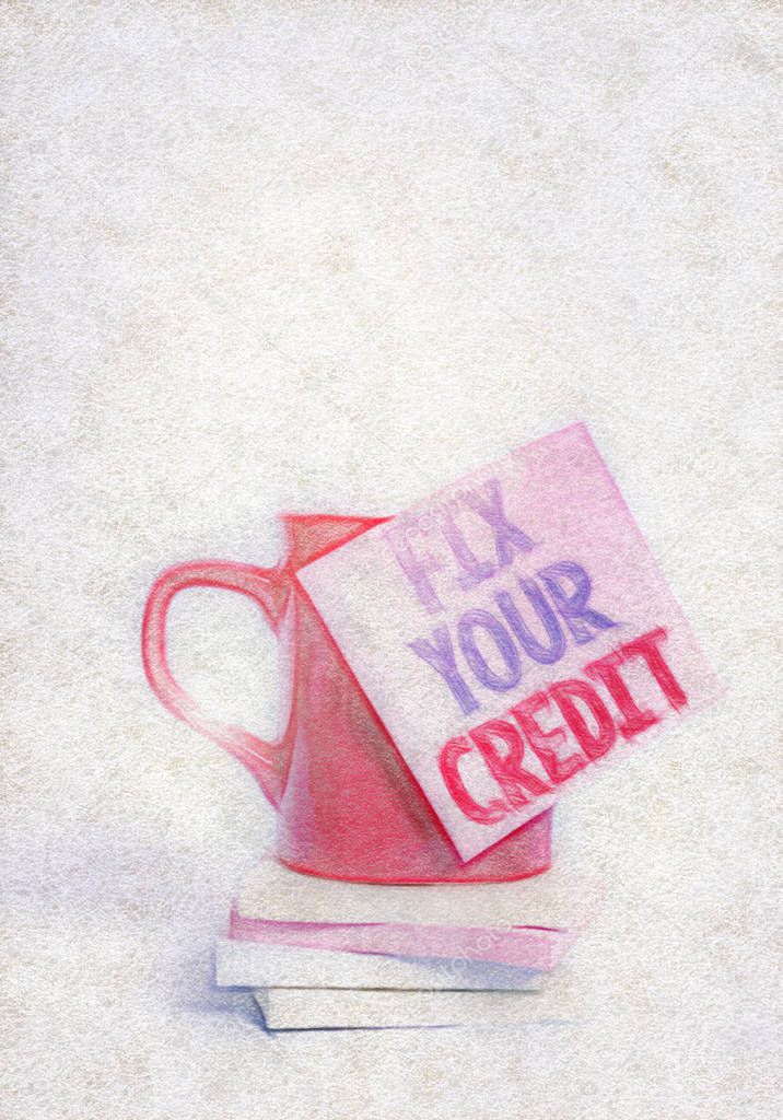 Conceptual hand writing showing Fix Your Credit. Business photo showcasing Keep balances low on credit cards and other credit Coffee cup colored sticky note stacked pads plain background.