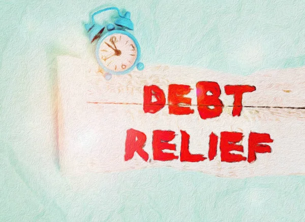 Conceptual hand writing showing Debt Relief. Business photo text a reduction in the amount of debt that a country has to pay Alarm clock and torn cardboard on a wooden classic table backdrop. — Stock Photo, Image