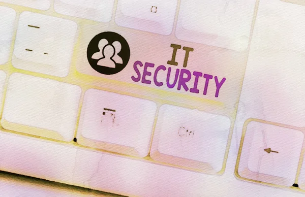 Text sign showing It Security. Conceptual photo protection of data or digital asset against unauthorized access White pc keyboard with empty note paper above white background key copy space.