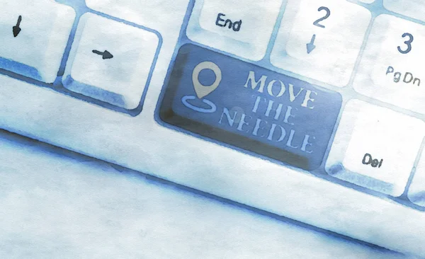 Text sign showing Move The Needle. Conceptual photo Make a noticeable difference in something do better White pc keyboard with empty note paper above white background key copy space.