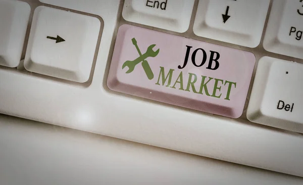 Escrevendo nota mostrando Mercado de Trabalho. Foto de negócios mostrando grupo de indivíduos à procura de emprego dentro de uma economia . — Fotografia de Stock