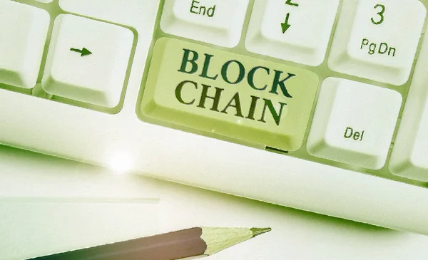Conceptual hand writing showing Block Chain. Business photo showcasing system in which a record of transactions made in bitcoin.