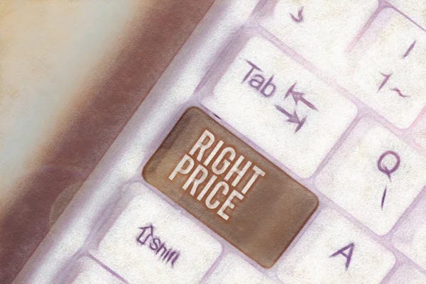 Pisanie pisma ręcznego prawo cena. Pojęcie oznacza ilość pieniędzy, że jest to rozsądne dla produktu biała klawiatura PC z pustym papierze notatki powyżej białego tła klucz kopii miejsca. — Zdjęcie stockowe